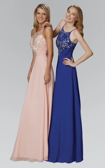 Spaghetti Sleeveless Chiffon Sheath Prom Dress with Beading and Floor-Length