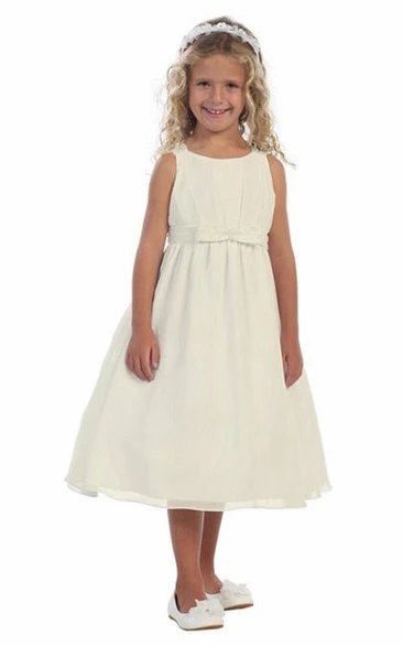 Tiered Chiffon Straps Tea-Length Flower Girl Dress with Ribbon Modern Women