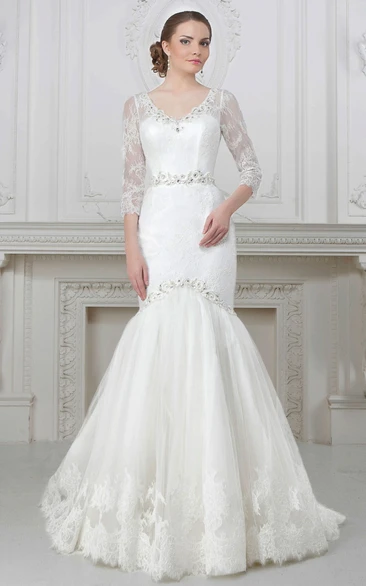 Lace Appliqued Trumpet V-Neck Wedding Dress with Beading and Waist Jewelry