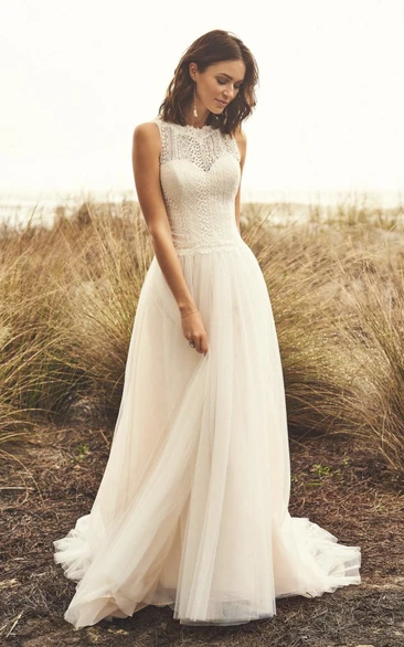 Jewel Neckline Court Train Lace Tulle Wedding Dress with Illusion Back and Sleeveless