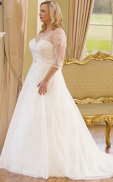 Plus Size A-Line Lace Wedding Dress with Illusion Sleeves