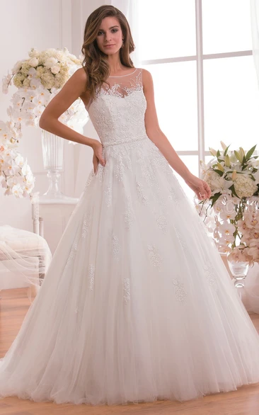 A-Line Wedding Dress with Floral Appliques and Illusion Detail Bateau-Neck and Romantic