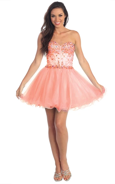 Beaded A-Line Short Sweetheart Sleeveless Tulle Corset Back Dress