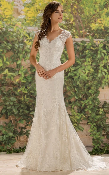 Cap-Sleeved V-Neck Wedding Dress with Illusion Back and Lace Applique
