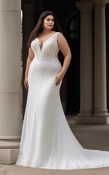 Plus Size Mermaid Lace Wedding Dress with Appliques V-neck Court Train