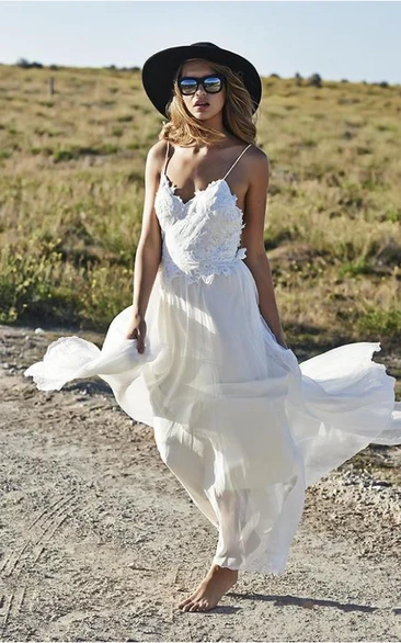 Beach Wedding Dress Spaghetti Straps Chiffon Appliques Bridal Gown Simple