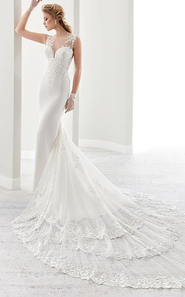 Chapel Train Bridal Gown with Illusion Cap Sleeves and Elegant Details