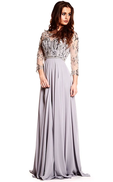 Scoop Neck Beaded Chiffon Prom Dress with Illusion Back Long Sleeves Maxi Length
