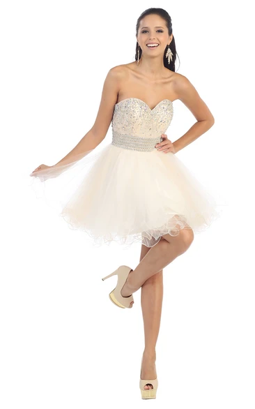 Sweetheart Tulle A-Line Bridesmaid Dress with Beading and Ruffles