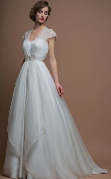 Long Cap-Sleeve Organza Wedding Dress V-Neck with Jeweled Illusion and Sweep Train