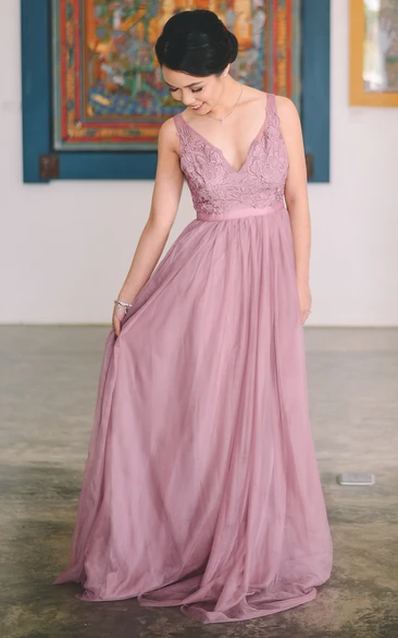 Sleeveless V-neck A Line Tulle and Lace Evening Dress Sexy Bridesmaid Dress