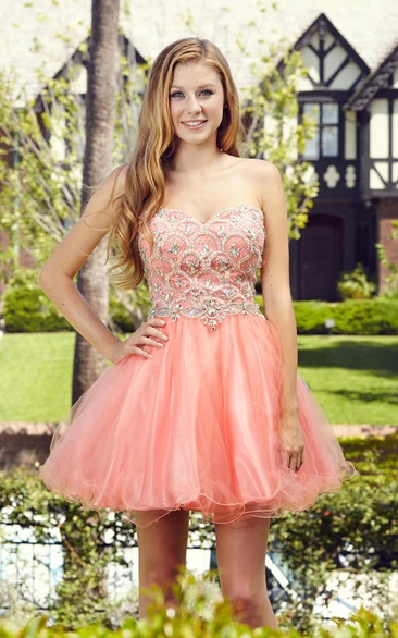 Sweetheart Sleeveless A-Line Tulle Satin Dress with Beading and Ruffles