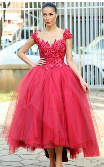 Tea-length Cap Sleeve Tulle Evening Dress with Lace Appliques for Prom
