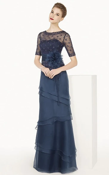 Layered Chiffon Flower Sash Long Formal Dress with Beaded Net Top