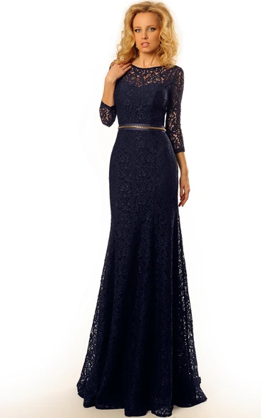 Long-Sleeve Sheath Lace Prom Dress with Jeweled Scoop-Neck and Bow