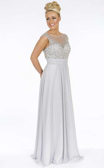 Floor-Length A-Line Chiffon Prom Dress Beaded Scoop-Neck Sleeveless