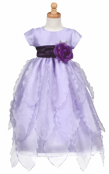 Cap-Sleeve Tiered Taffeta&Organza Tea-Length Flower Girl Dress Simple Dress for Girls