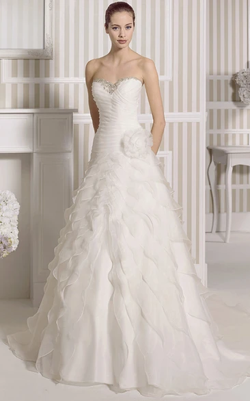 Tiered Organza Wedding Dress with Beading and Flower A-Line