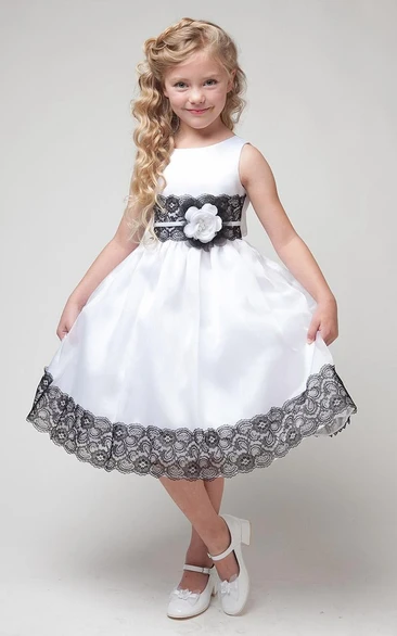 Floral Lace & Satin Flower Girl Dress with Appliques and Sash Tea-Length