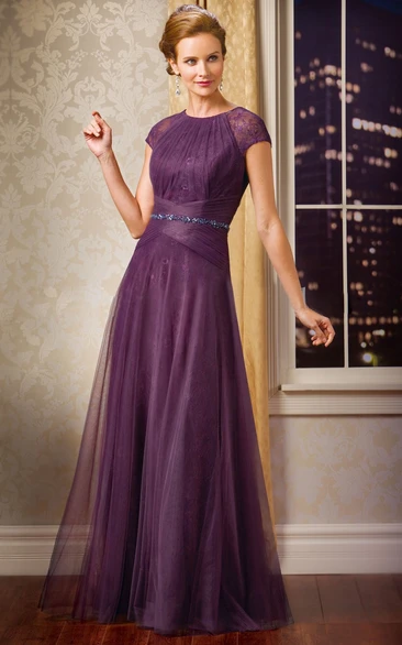 Cap-Sleeved Long MOB Dress with Beadings and Pleats Stylish Mother of the Bride Dress