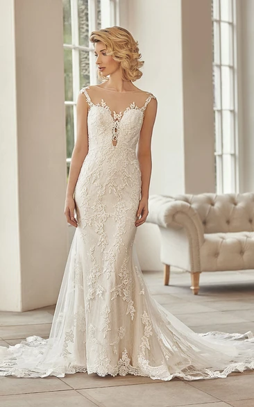 Lace&Tulle Appliqued Cap-Sleeve Wedding Dress Maxi Bateau