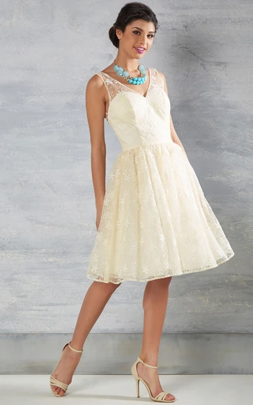 V-Neck Lace Wedding Dress with Back V Midi Length Bridal Gown
