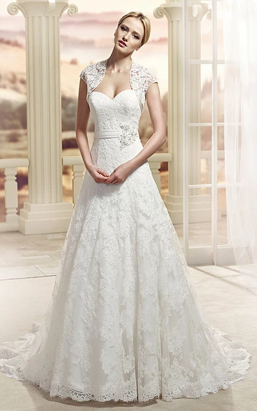 Caped Lace A-Line Wedding Dress with Sweetheart Neckline and Appliques