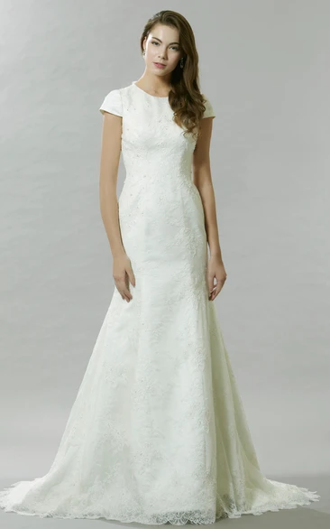 Floor-Length Lace Wedding Dress with Bowed Cap Sleeves Classic Bridal Gown