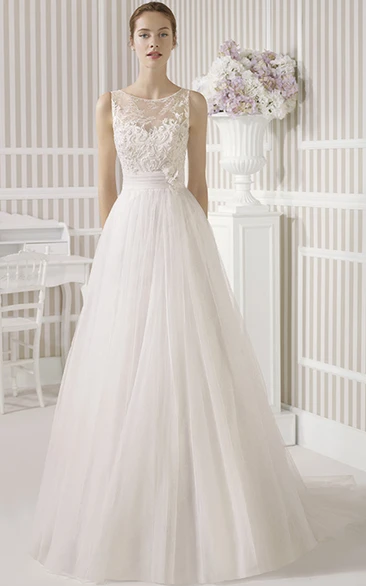 Lace Sleeveless A-Line Wedding Dress with Illusion Back and Flower Detail