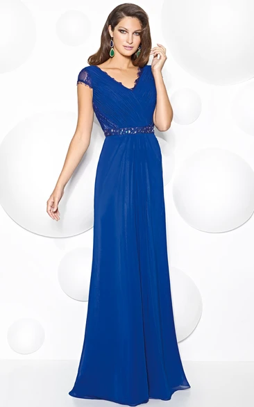 Cap-Sleeve Lace Chiffon Prom Dress with Waist Jewellery Sheath Floor-Length