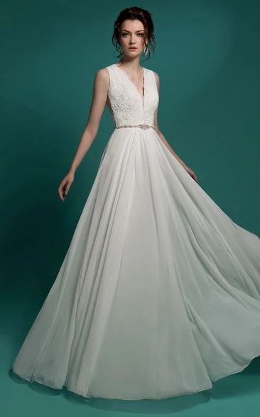 A-Line Chiffon Illusion Wedding Dress with Beading and Lace Appliques