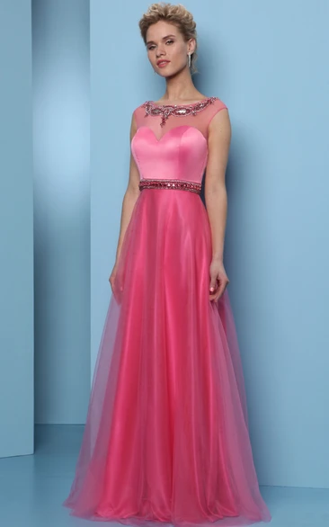 Long A-Line Prom Dress with Scoop-Neck Beaded Tulle & Satin and Waist Jewellery