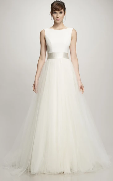 Satin&Tulle A-Line Wedding Dress with Low-V Back and Court Train Classy Bridal Gown