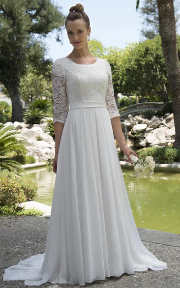 Modest Lace Chiffon Beach Wedding Dress with Scoop Neck and Sleeves Casual Bridal Gown