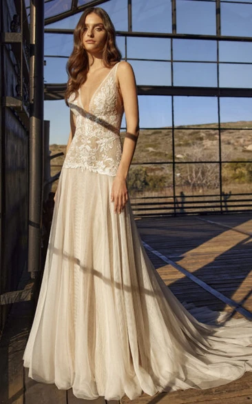 Sleeveless A-Line Tulle Wedding Dress with Plunging Neckline and Low-V Back Romantic Tulle Wedding Dress