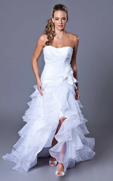Organza Ruffled Wedding Dress with High-Low Hemline and Strapless Bodice