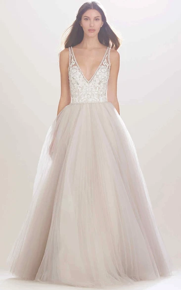 A-Line Tulle Wedding Dress with Beading and Illusion Sleeveless V-Neck Gown