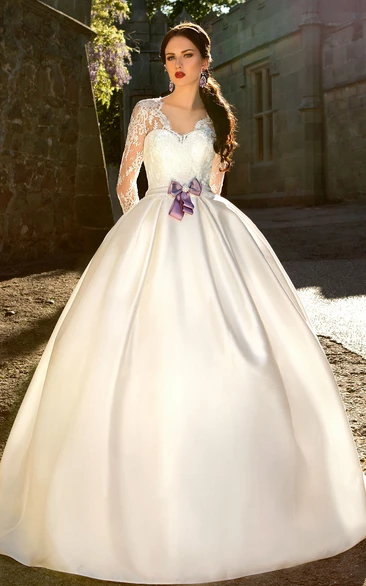 Long V-Neck Ball Gown Wedding Dress with Satin and Bow