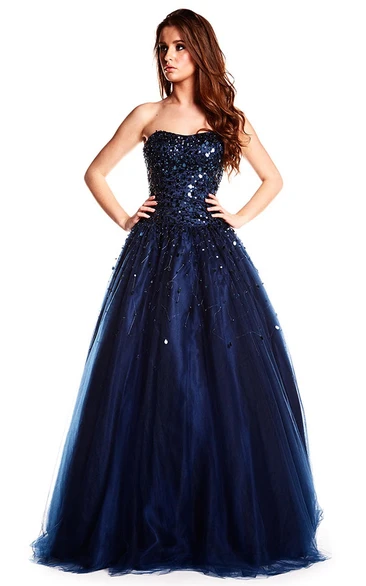 Strapless Beaded Tulle Prom Dress with Sequins and Corset Back Elegant Maxi Dress for Special Occasions