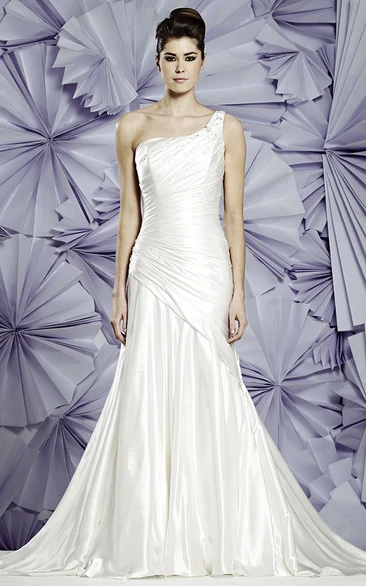 One-Shoulder Beaded Satin Wedding Dress with Side Draping Classy Wedding Dress