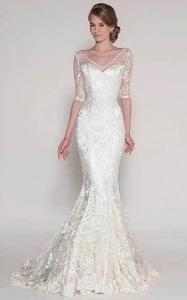 Appliqued Lace Wedding Dress with V-Back Half Sleeves and Sweep Train Maxi Bridal Gown