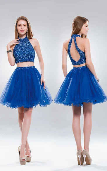 High Neck Sleeveless A-Line Tulle Dress with Beading and Ruffles