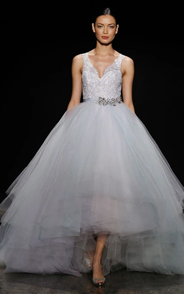 High-low Tiered Tulle Ball Gown with Crystal Belt Unique Wedding Dress