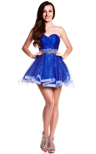 A-Line Sweetheart Sequin and Tulle Prom Dress Sleeveless Short with Beading Ruffles and Waist Jewelry
