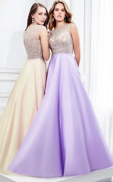 A-Line Satin Prom Dress with Beaded Illusion Back Sleeveless Scoop Neck