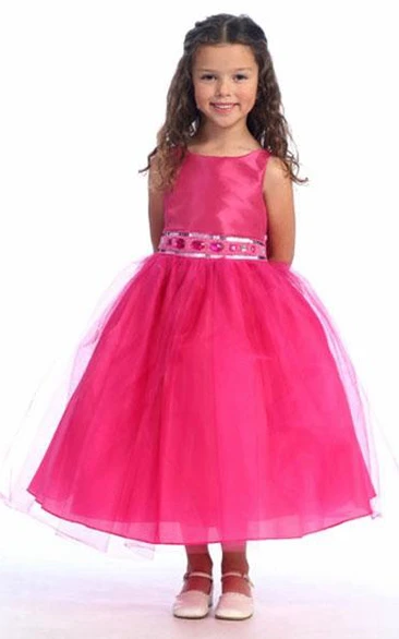 Floral Tulle Flower Girl Dress Jewel Neck Tea-Length