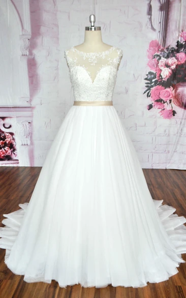 A-Line Tulle Wedding Dress with Illusion Neckline Deep V-Back Ballgown