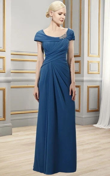 Sheath Chiffon Short-Sleeve Formal Dress with Broach and Draping