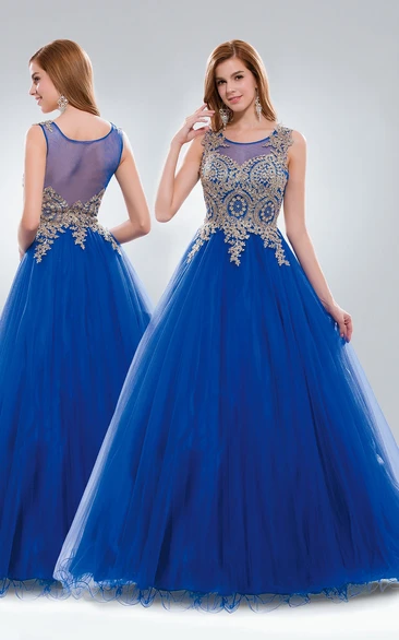 Long Sleeveless Tulle Ball Gown Dress with Appliques and Ruffles Formal Dress