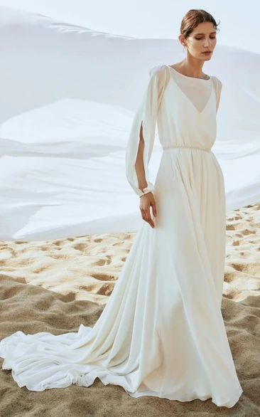 Chiffon A Line Wedding Dress with Bateau Neck & Court Train Ethereal & Elegant